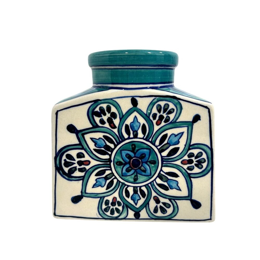 Floral Vintage Ceramic Vase Blue Teale Cream Floral Hand Painted Pottery India